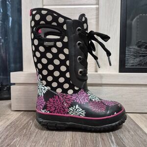 Bogs Kids Waterproof Rain Boots Floral Polka Dot Black Pink Sz 11